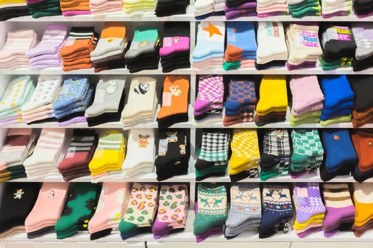 Multicolored socks stacked on shelves in the store, Socks with many different patterns photos available