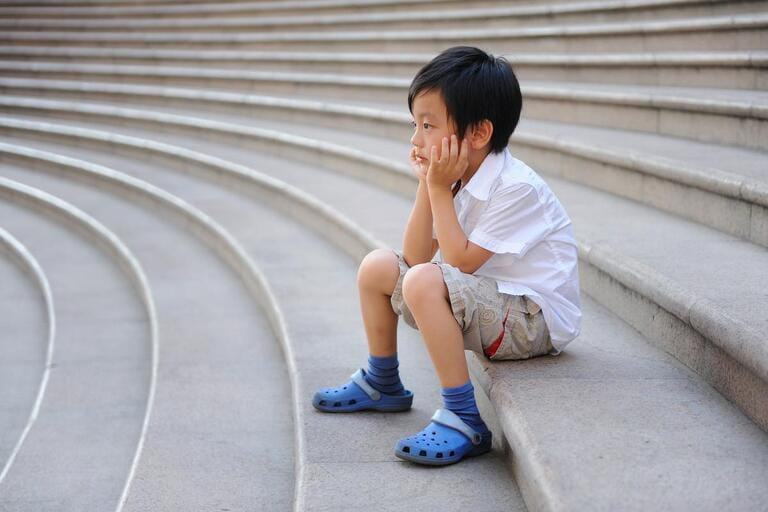 Cute schoolboy sitting on the stairs Cute schoolboy sitting on the stairs