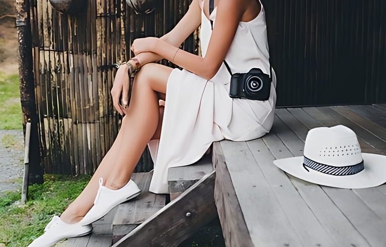 beautiful young woman on tropical vacation in Asia, summer style, white boho dress, sneakers, digital camera, tourist, straw hat beautiful young woman on tropical vacation in Asia, summer style, white boho dress, sneakers, digital camera, tourist, straw hat