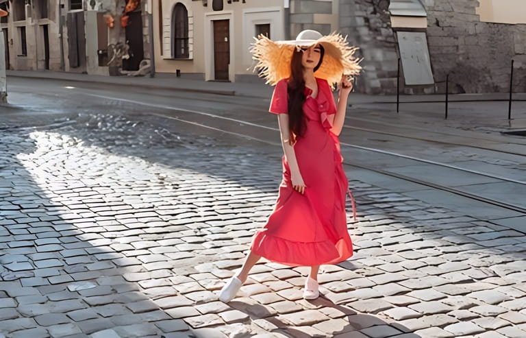 Summer clothes: straw hat, sunglasses, red polka-dot dress and white sneakers. Stylish girl walk on old city streets