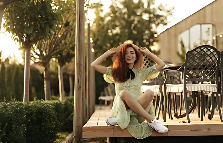 Positive woman with foxy hairstyle and dark bandage on neck in hat, light modern dress and white sneakers sitting on terrace of cafe.. Positive woman with foxy hairstyle and dark bandage on neck in hat, light modern dress and white sneakers sitting on terrace of cafe..