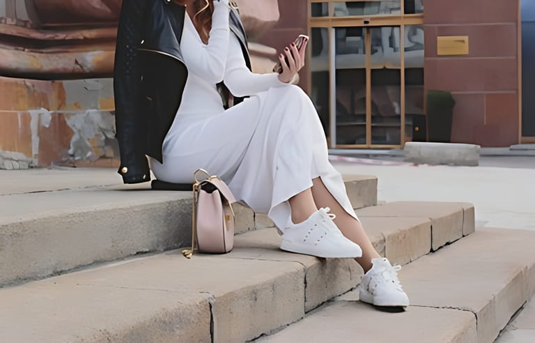 Fashion and style foxy girl in white knitted outfit and white sneakers holding her cell phone Fashion and style foxy girl in white knitted outfit and white sneakers holding her cell phone