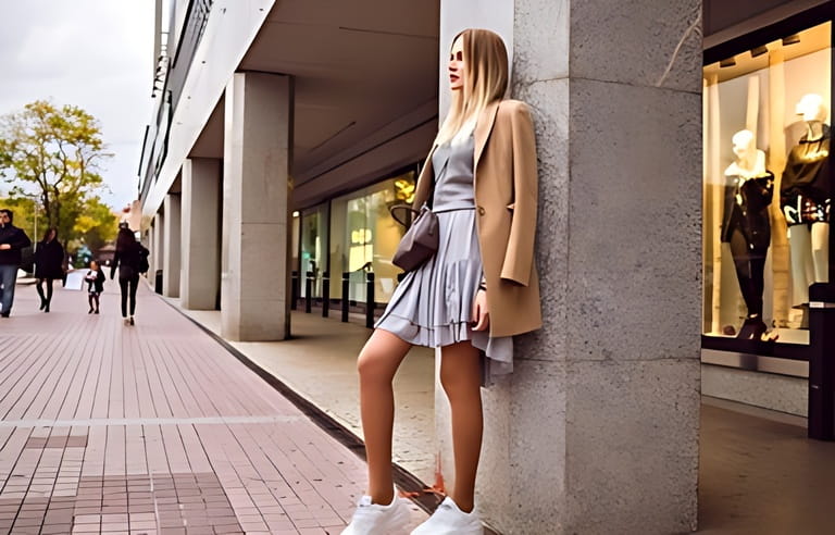 Fashion street style portrait of young woman wearing modern glamour outfit, light silk dress and ugly sneakers, cashmere classic beige coat and crossbody bag. Europe city, posing near shopping mall Fashion street style portrait of young woman wearing modern glamour outfit, light silk dress and ugly sneakers, cashmere classic beige coat and crossbody bag. Europe city, posing near shopping mall