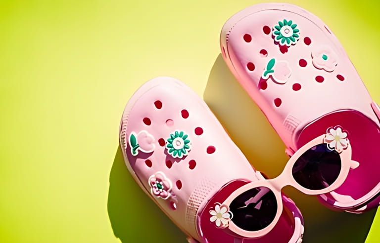 Baby Pink slippers with sunglasses on yellow background.Rubber beach shoe flat lay.Stylish beach flip-flops on color background