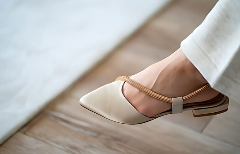 Close-up of left foot of young woman wearing pointed and yellow detailed ballet flats