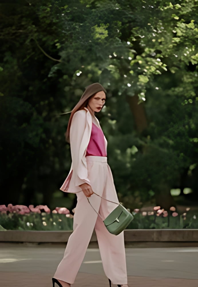 Fashionable elegant woman wearing trendy pink suit with classic blazer, wide leg trousers, high heeled sandals, holding green faux leather bag, walking in street. Full-length outdoor fashion portrait