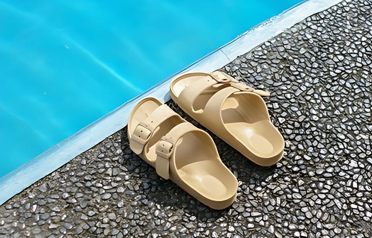A pair of plastic sandals by side of swimming pool A pair of plastic sandals by side of swimming pool