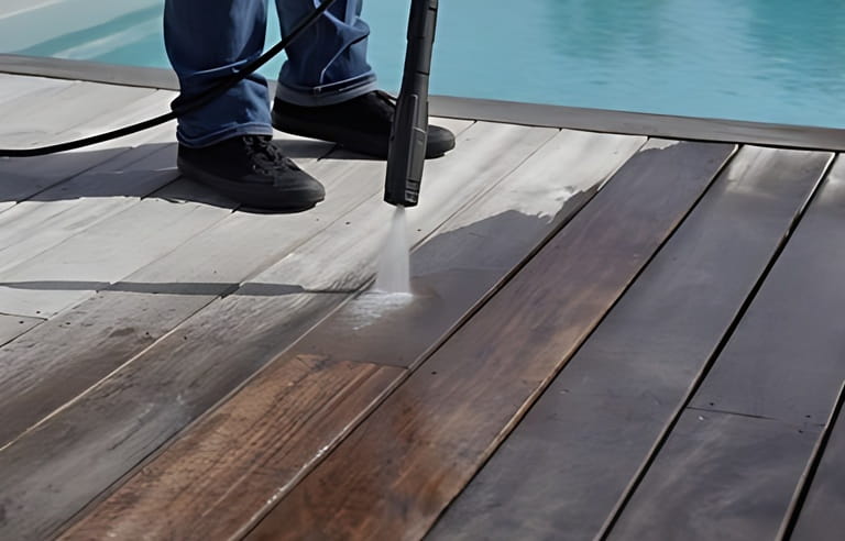 Man using high pressure washer to clean floor
