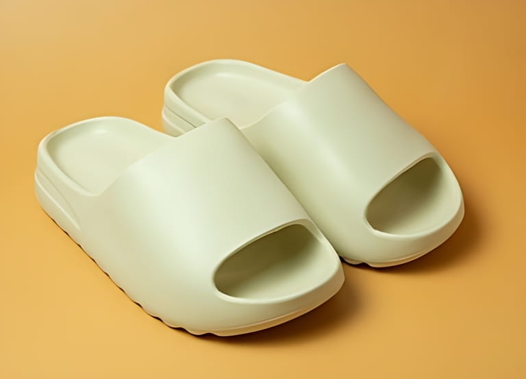 A pair of slides with an open toe pillow isolated on a colored background. Soft slippers